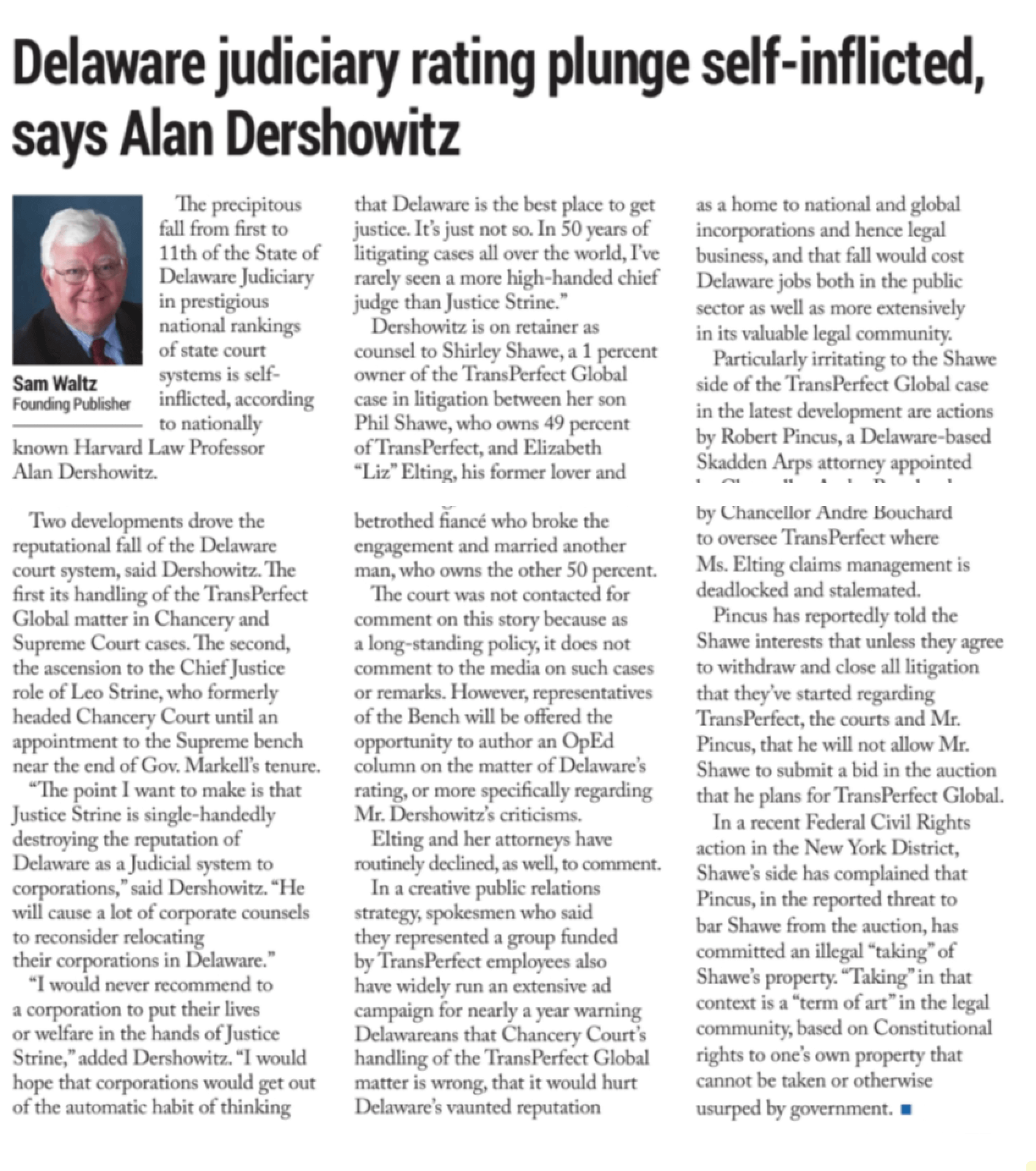 Delaware judiciary rating plunge self-inflicted, says Alan Dershowitz